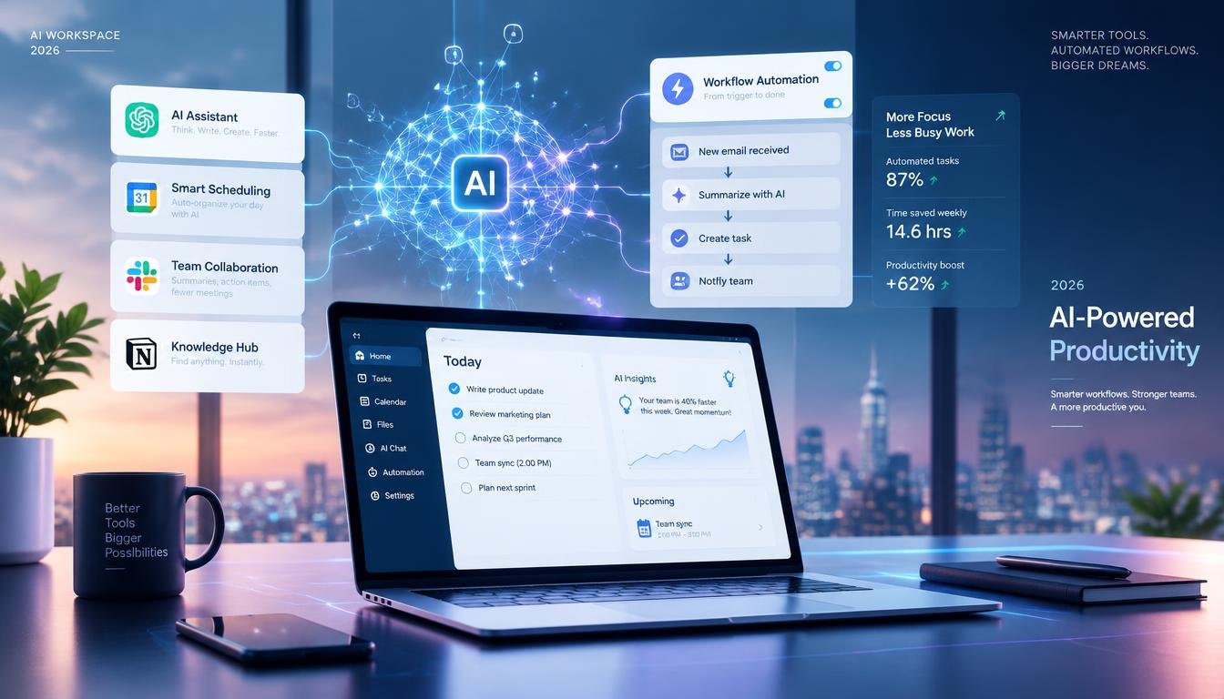 AI-powered productivity tools and workflow automation workspace in 2026